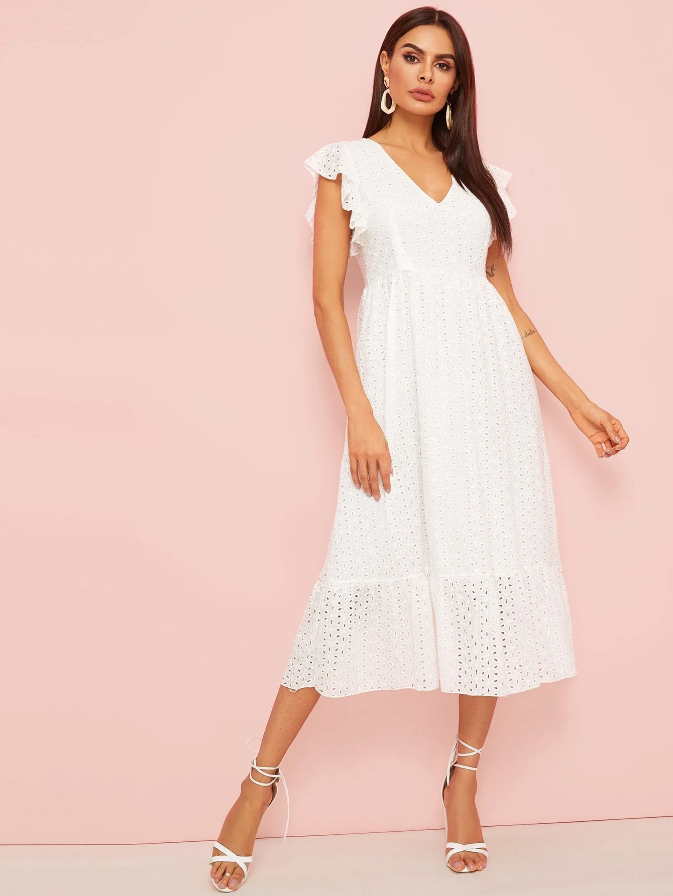 Plain Eyelet Embroidery Cap Sleeve V Neck Flounce High Waist Midi Womens Dress