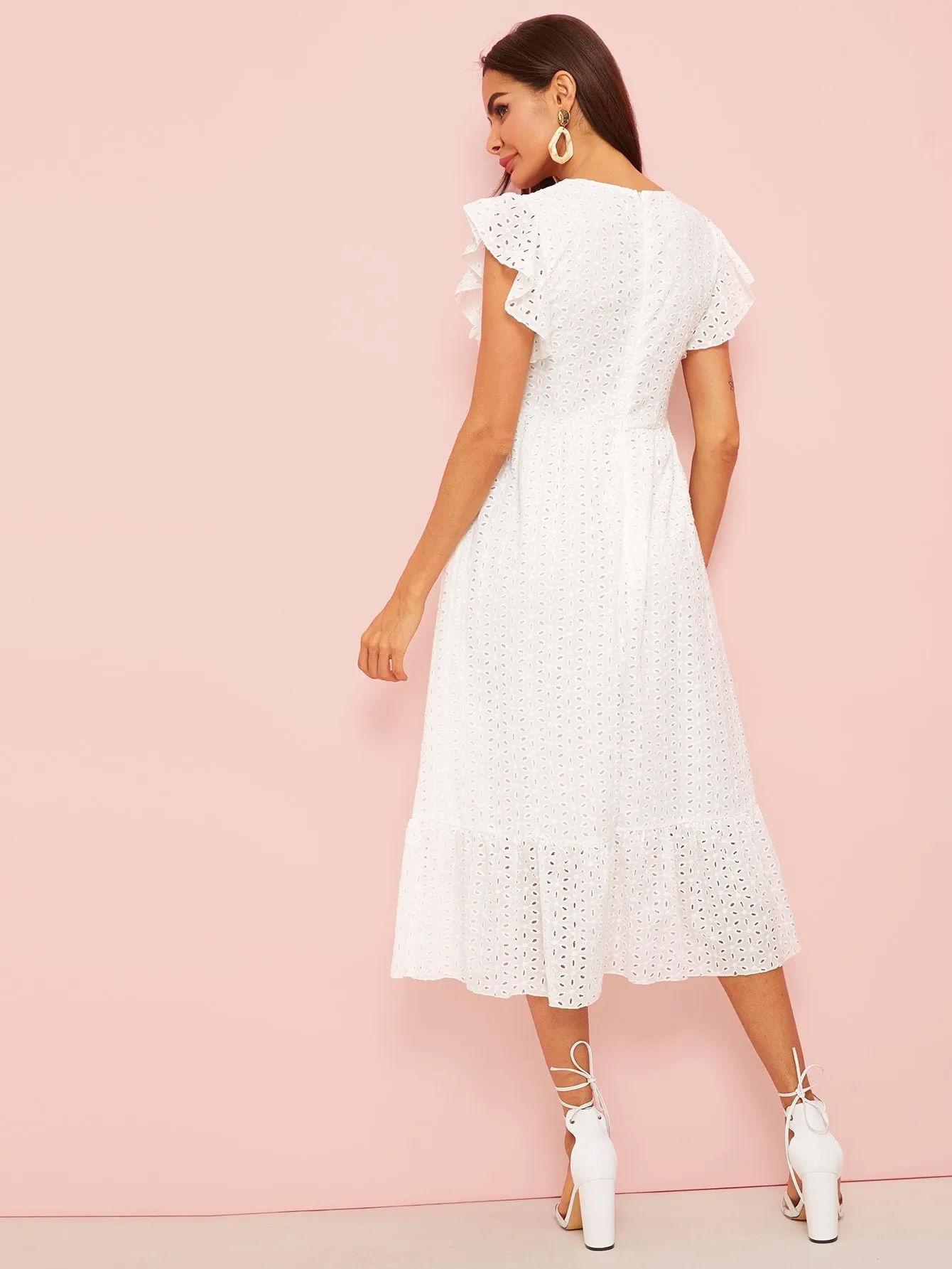 Plain Eyelet Embroidery Cap Sleeve V Neck Flounce High Waist Midi Womens Dress
