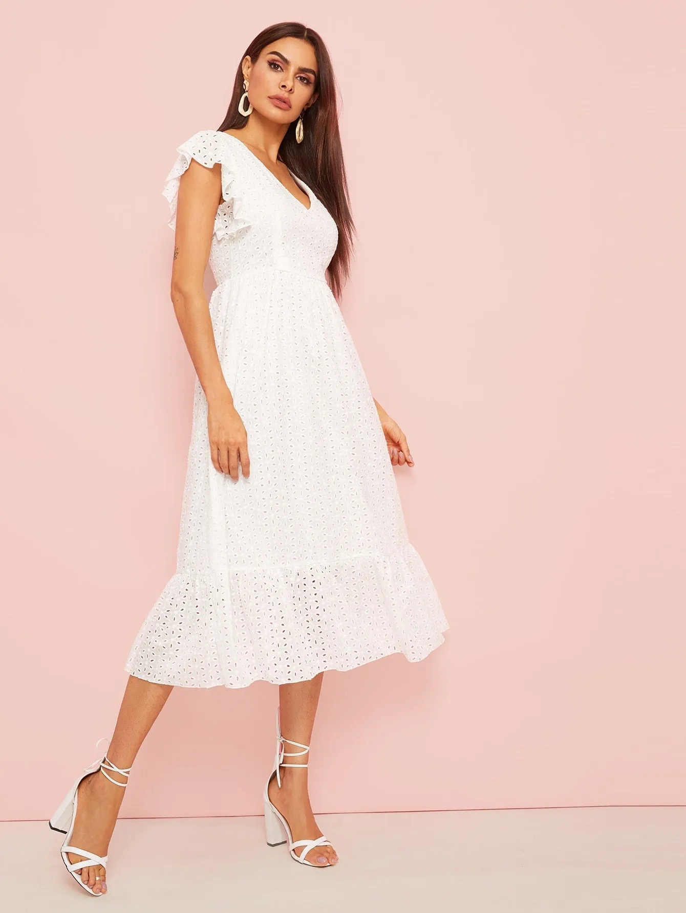 Plain Eyelet Embroidery Cap Sleeve V Neck Flounce High Waist Midi Womens Dress
