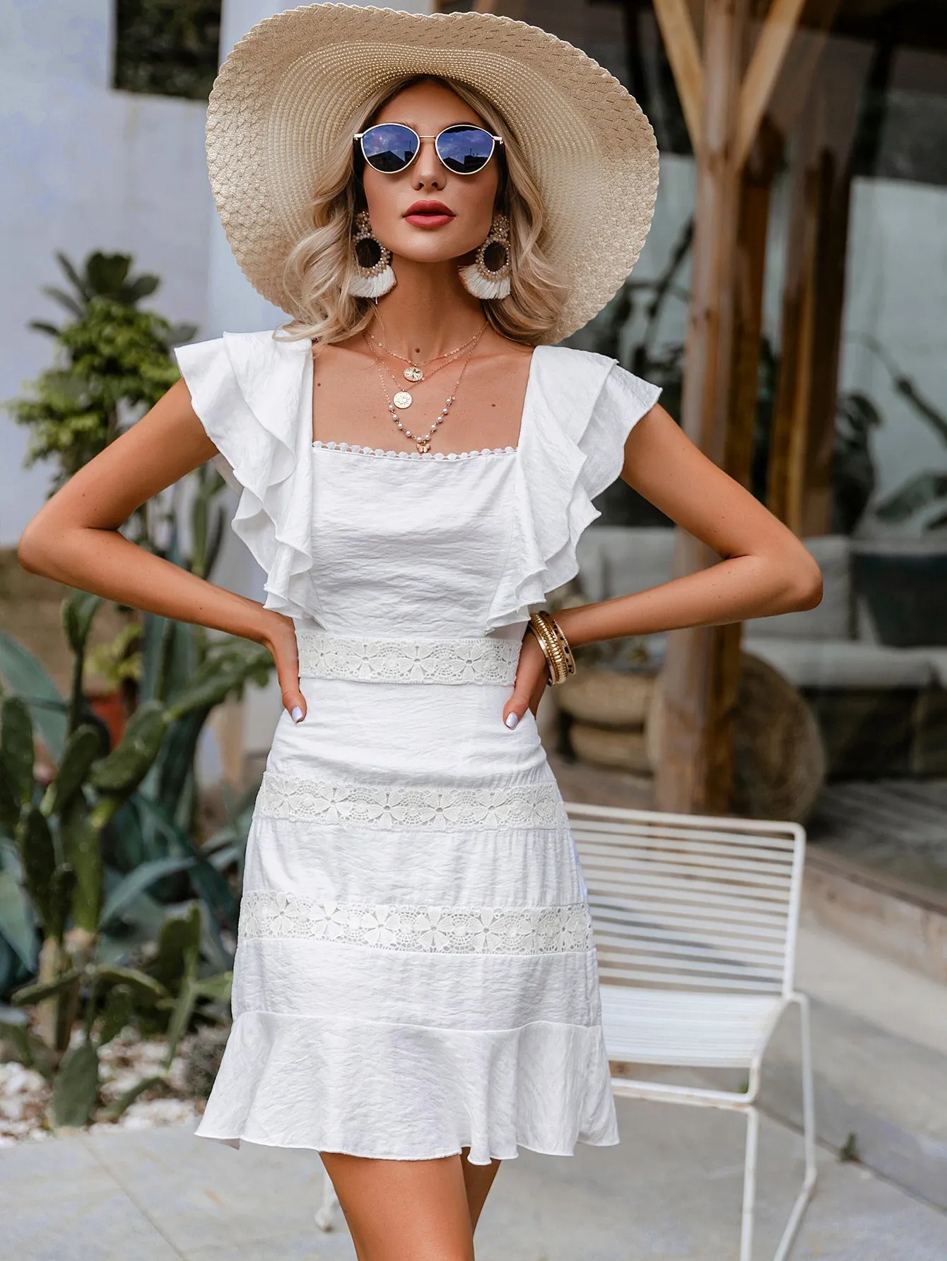 Plain Tie Back Cap Sleeve Square Neck Flounce High Waist Short Dress