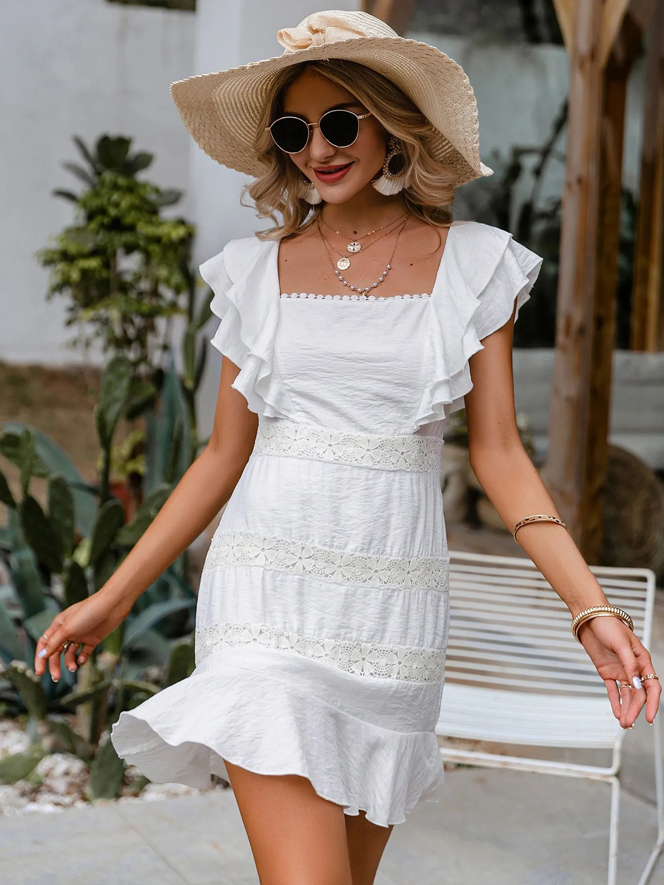 Plain Tie Back Cap Sleeve Square Neck Flounce High Waist Short Dress