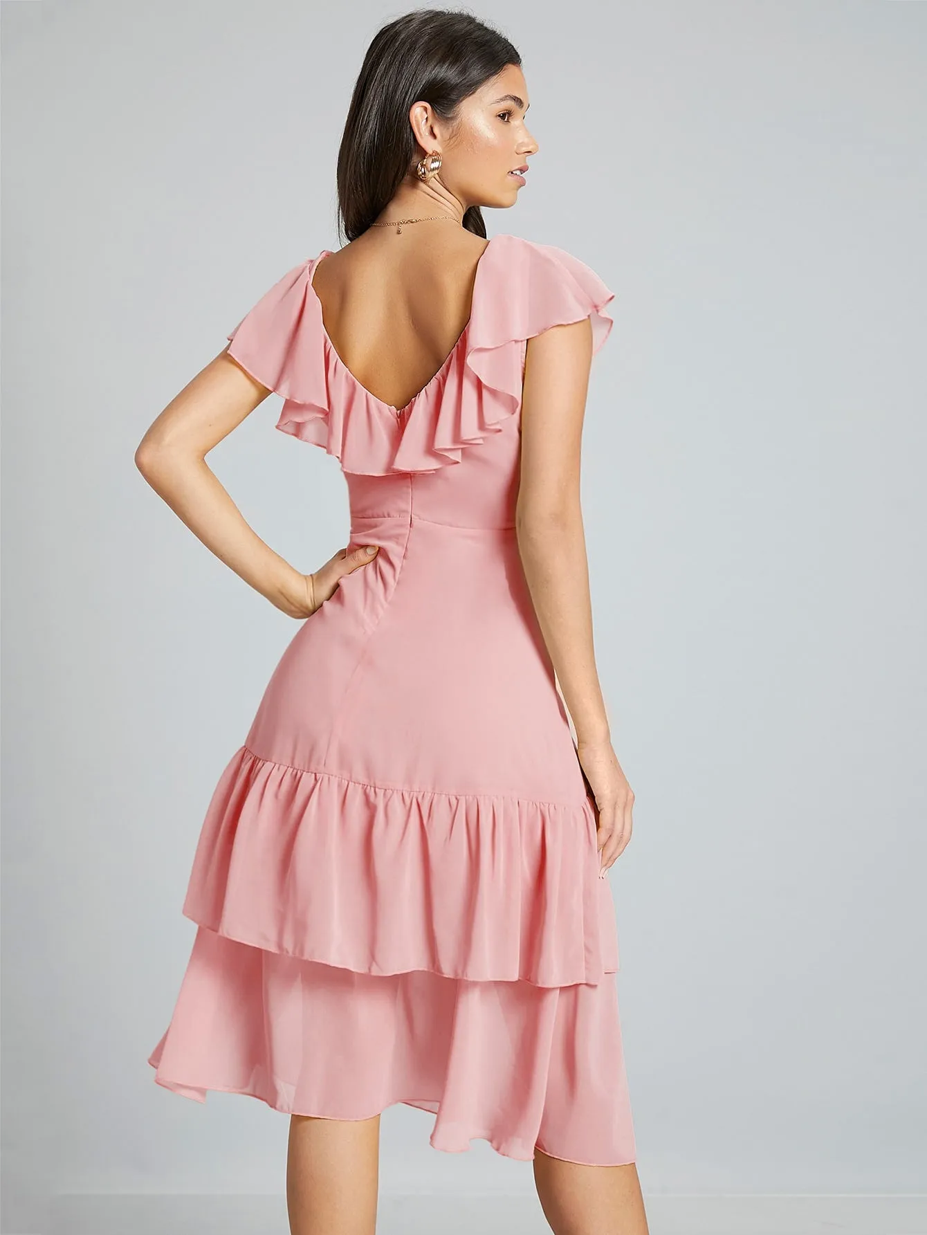 Plain Zipper Cap Sleeve V Neck Layered/Tiered High Waist Midi Dress