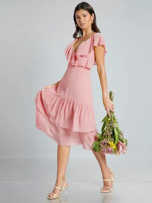 Plain Zipper Cap Sleeve V Neck Layered/Tiered High Waist Midi Dress