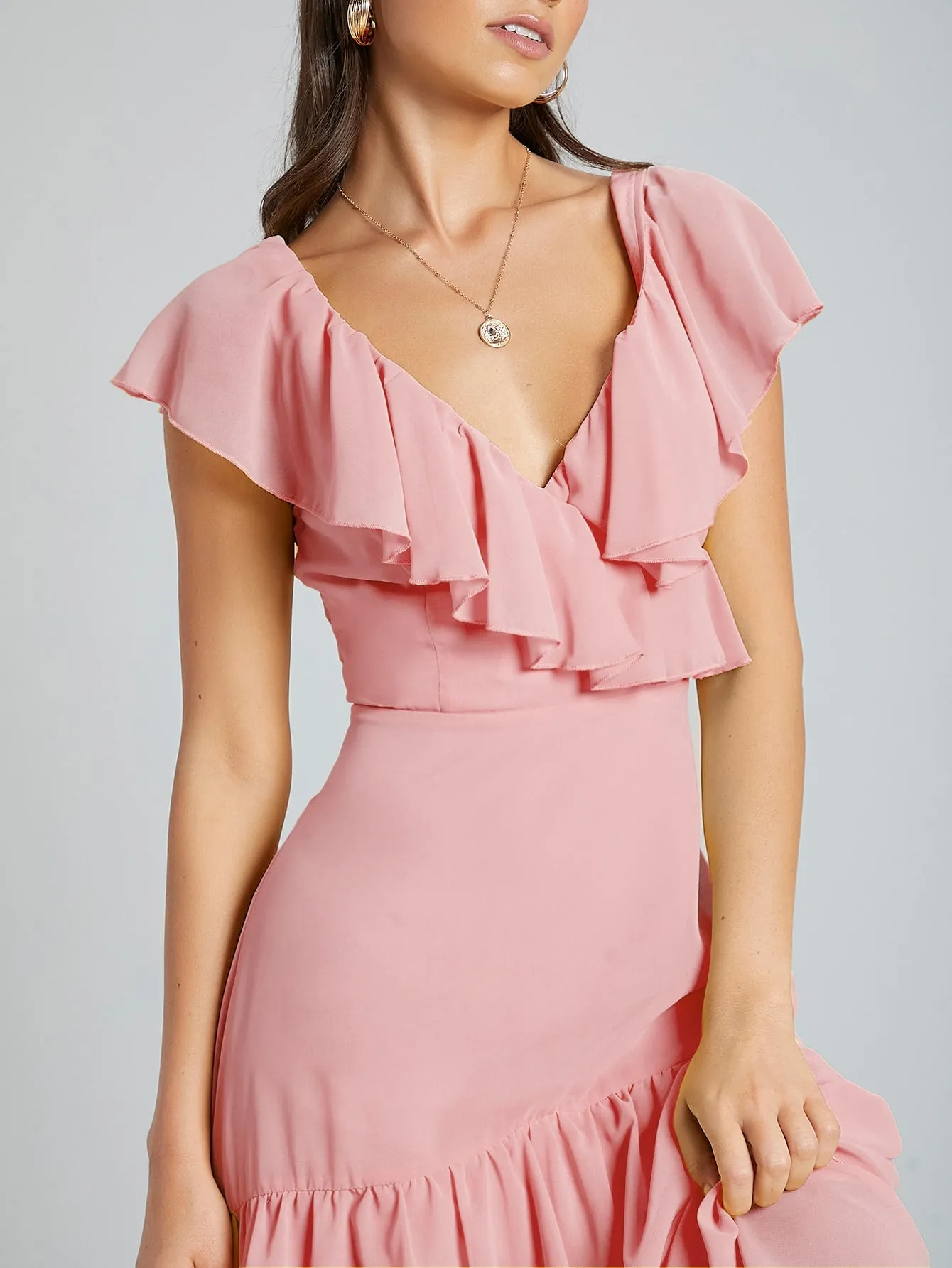 Plain Zipper Cap Sleeve V Neck Layered/Tiered High Waist Midi Dress