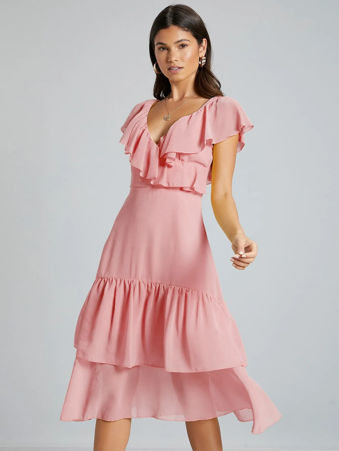 Plain Zipper Cap Sleeve V Neck Layered/Tiered High Waist Midi Dress