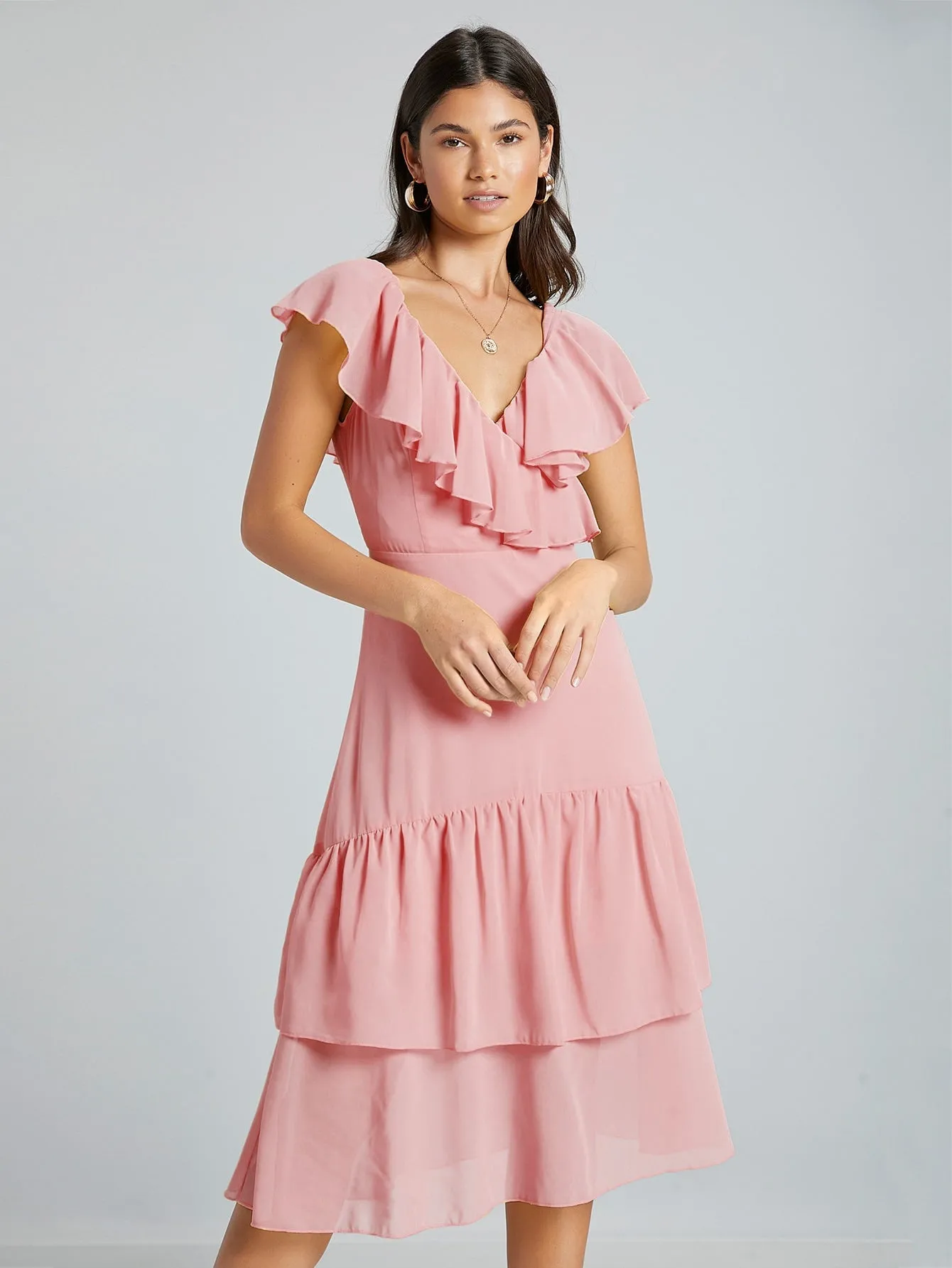 Plain Zipper Cap Sleeve V Neck Layered/Tiered High Waist Midi Dress