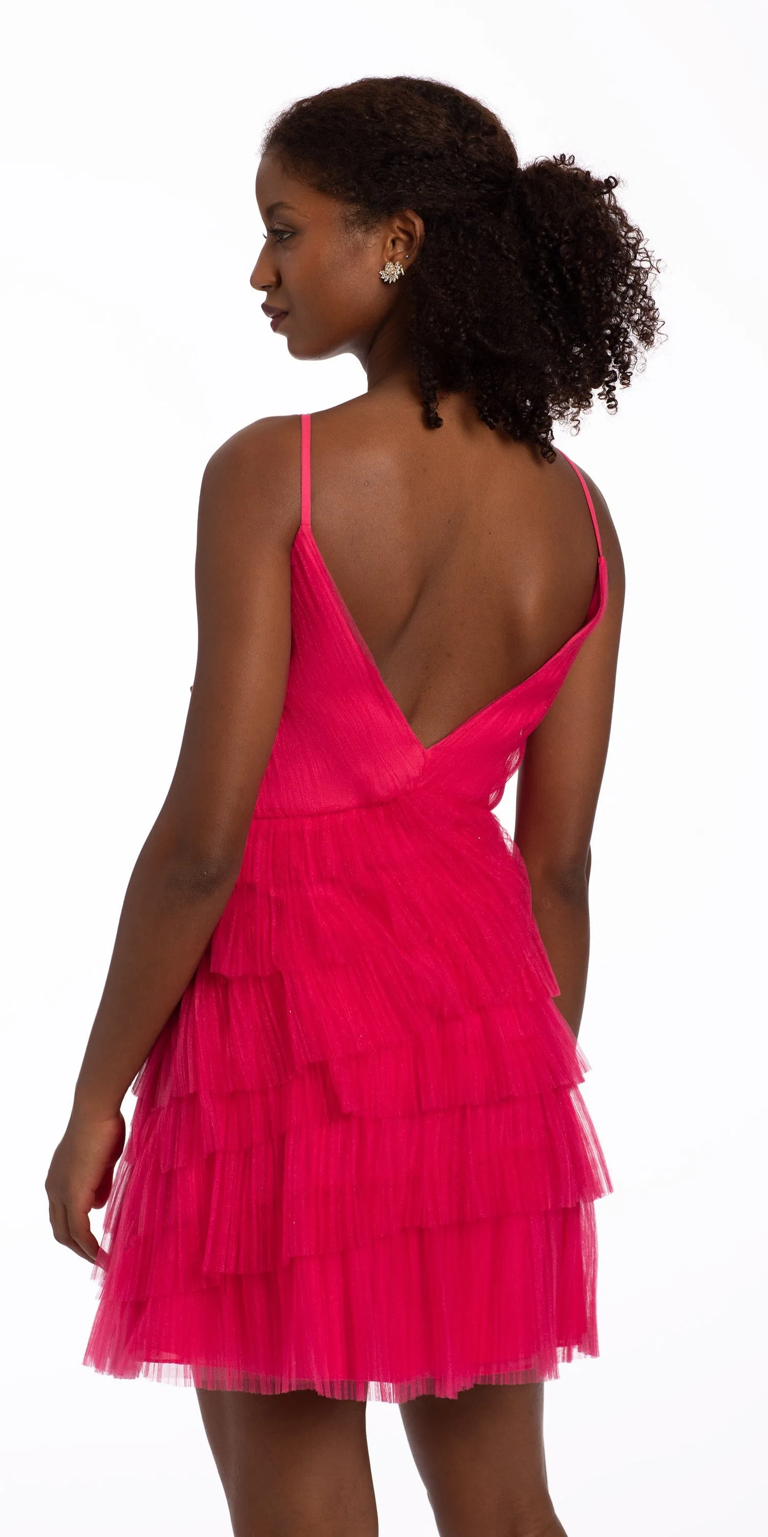 Plunging Pleated Mesh Tiered Dress