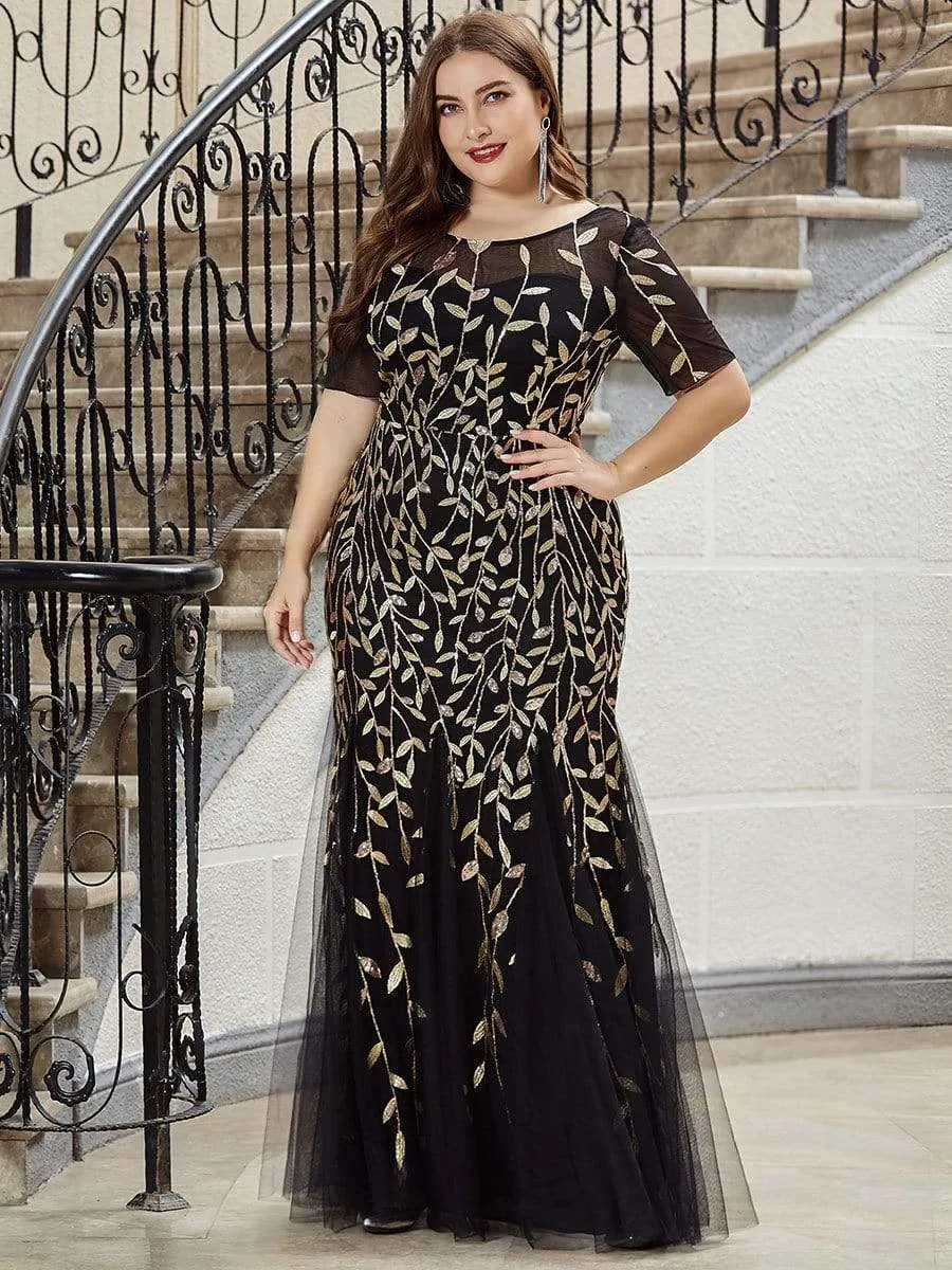 Plus Size Sequin Leaf Long Mermaid Tulle Prom Dress