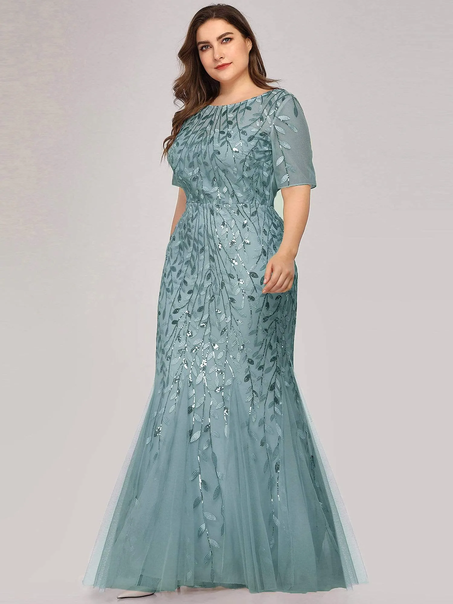 Plus Size Sequin Leaf Long Mermaid Tulle Prom Dress