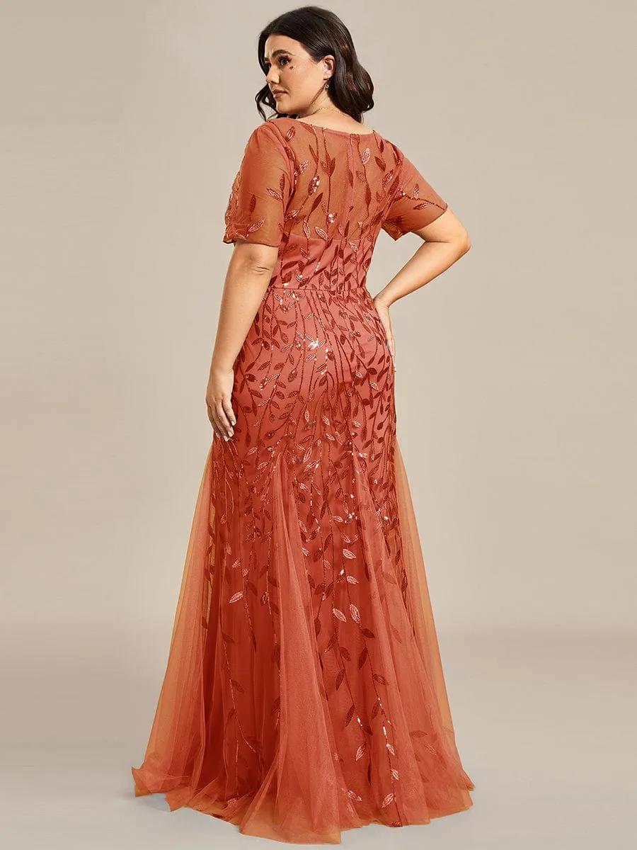 Plus Size Sequin Leaf Long Mermaid Tulle Prom Dress