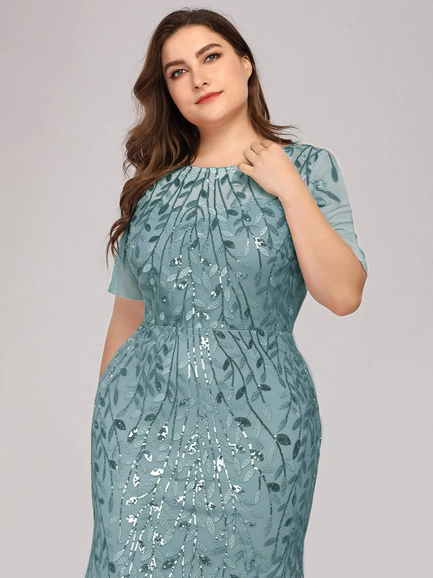 Plus Size Sequin Leaf Long Mermaid Tulle Prom Dress