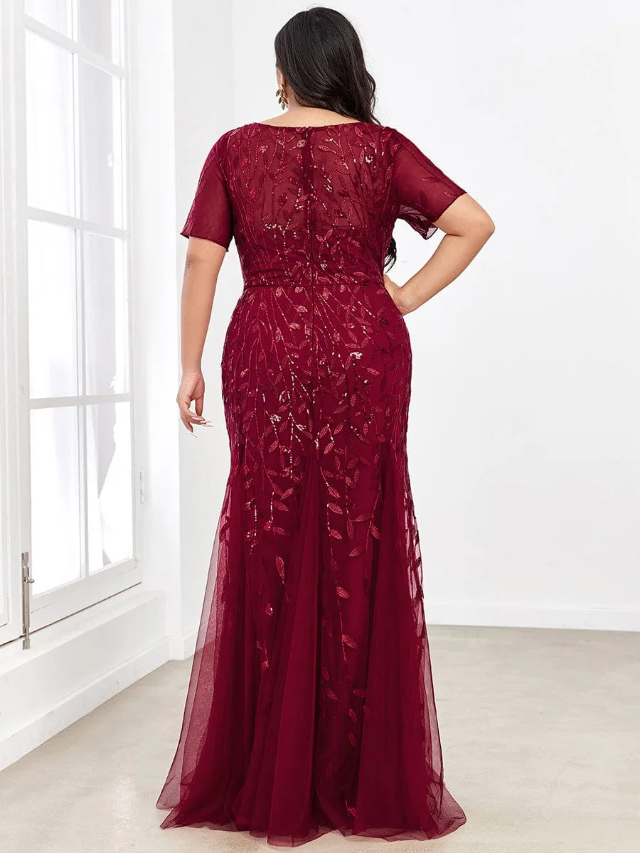 Plus Size Sequin Leaf Long Mermaid Tulle Prom Dress