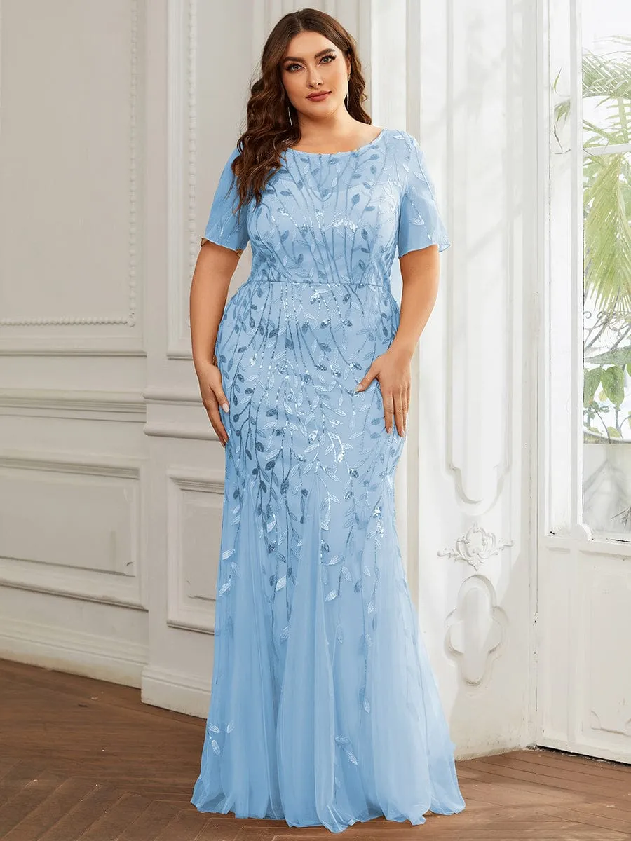 Plus Size Sequin Leaf Long Mermaid Tulle Prom Dress