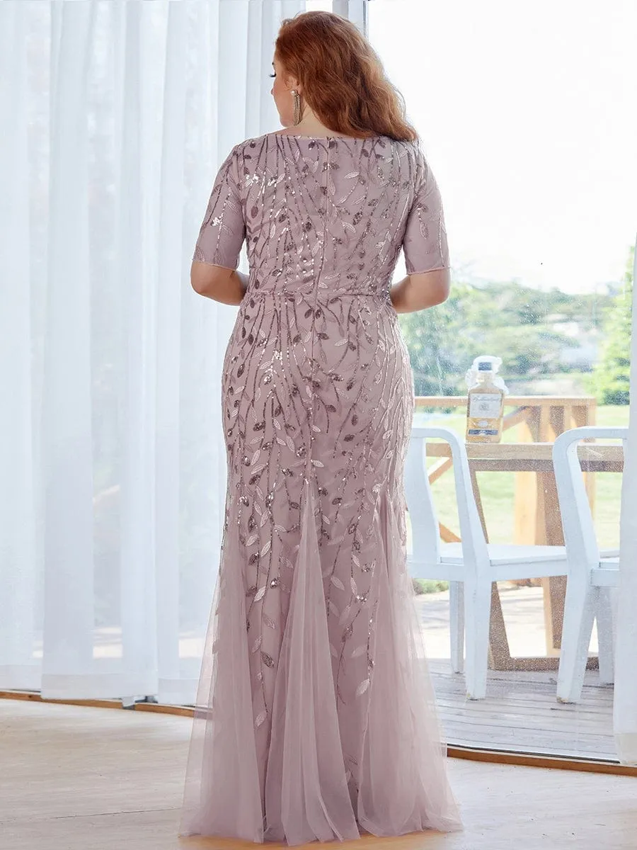 Plus Size Sequin Leaf Long Mermaid Tulle Prom Dress