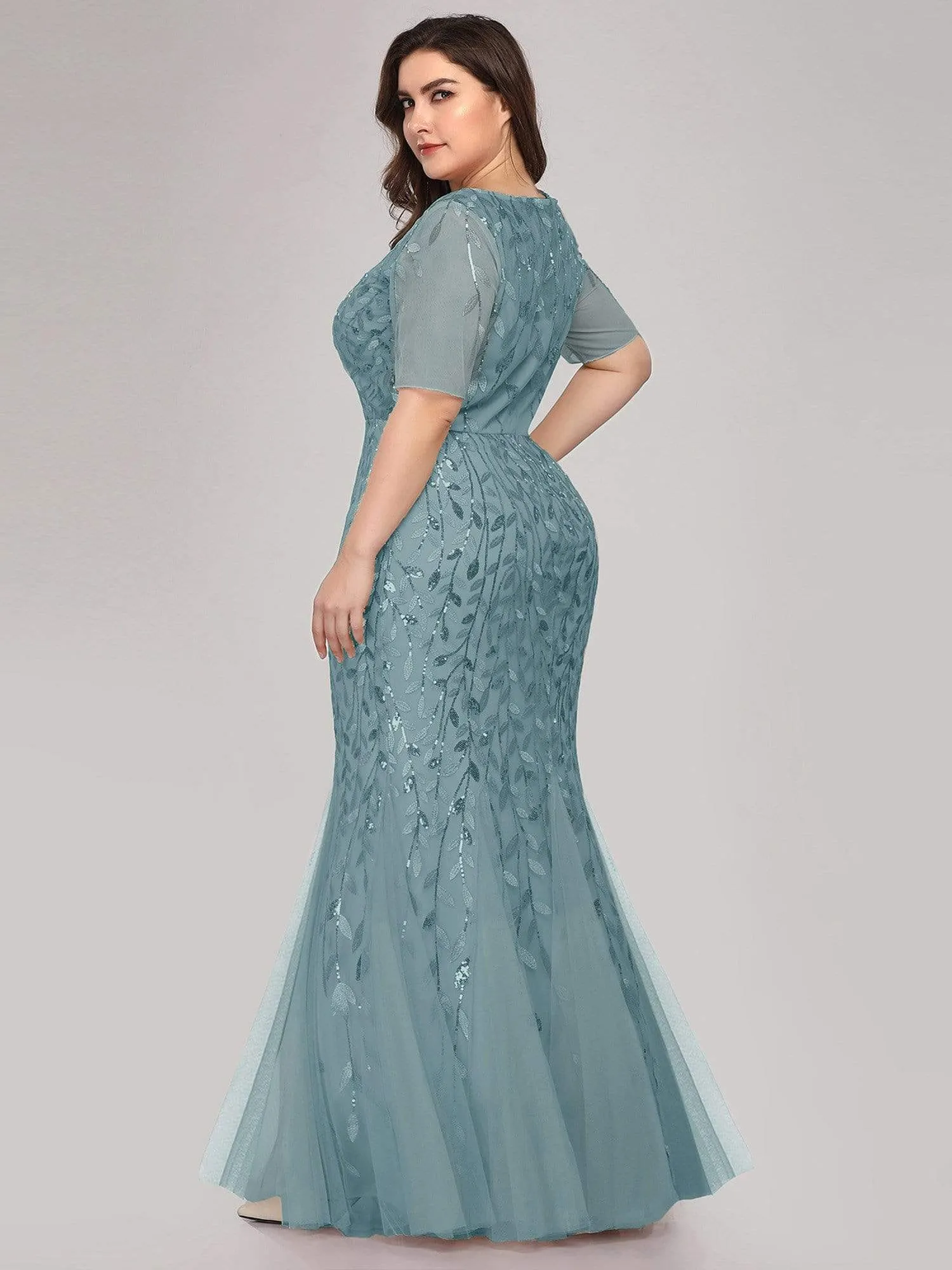 Plus Size Sequin Leaf Long Mermaid Tulle Prom Dress