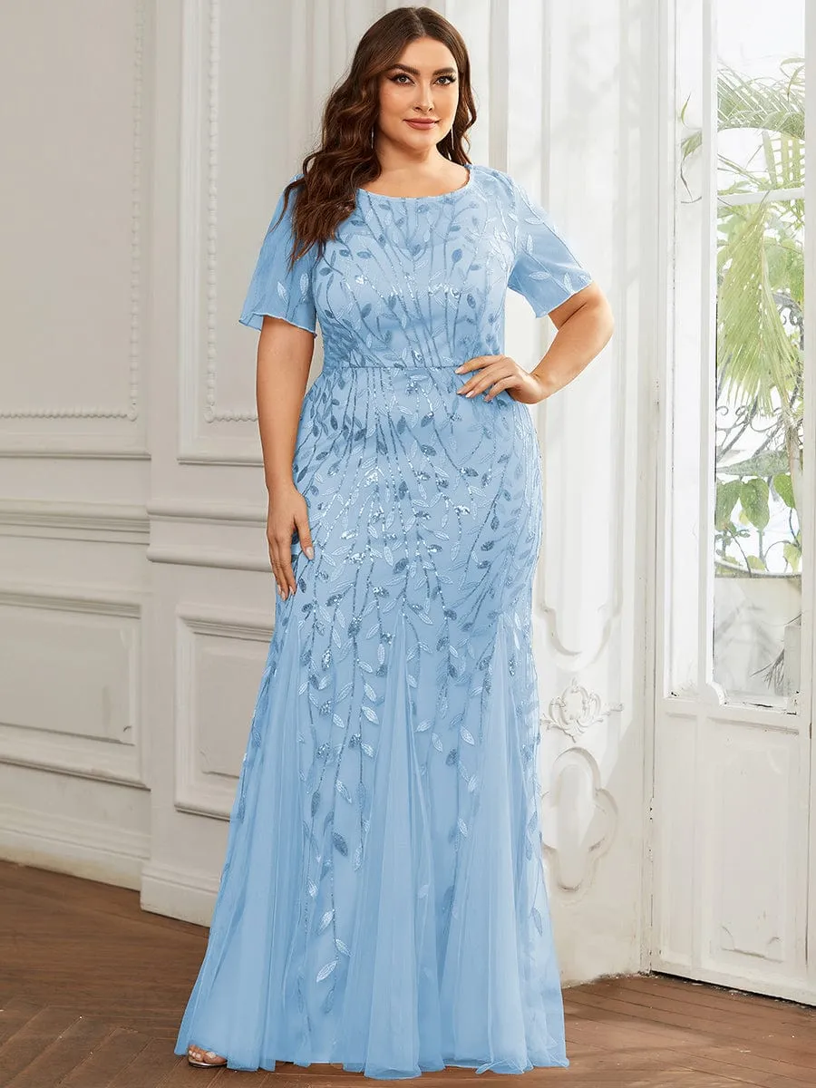 Plus Size Sequin Leaf Long Mermaid Tulle Prom Dress