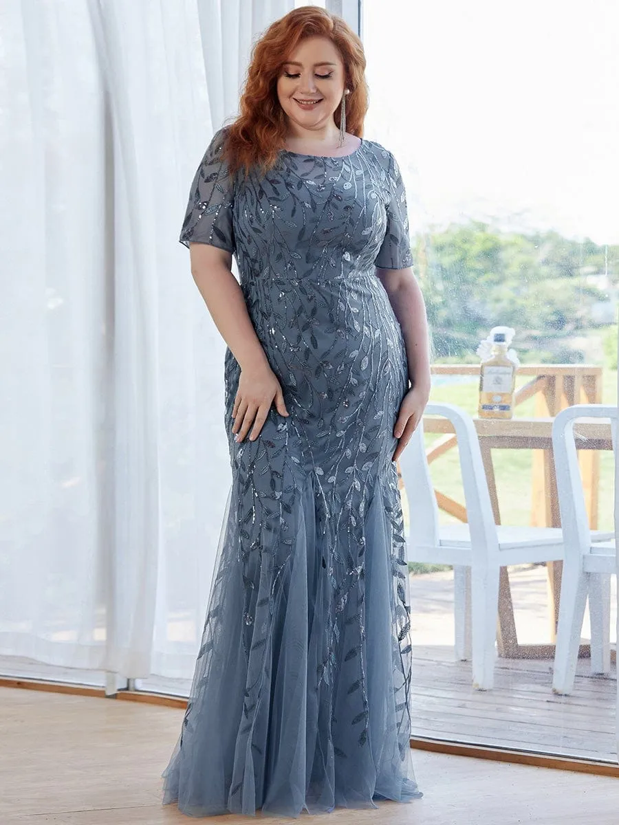 Plus Size Sequin Leaf Long Mermaid Tulle Prom Dress
