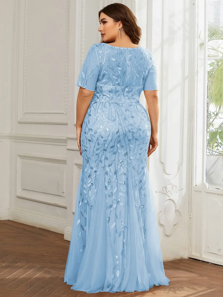 Plus Size Sequin Leaf Long Mermaid Tulle Prom Dress