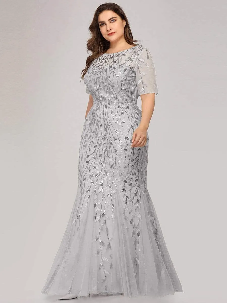 Plus Size Sequin Leaf Long Mermaid Tulle Prom Dress