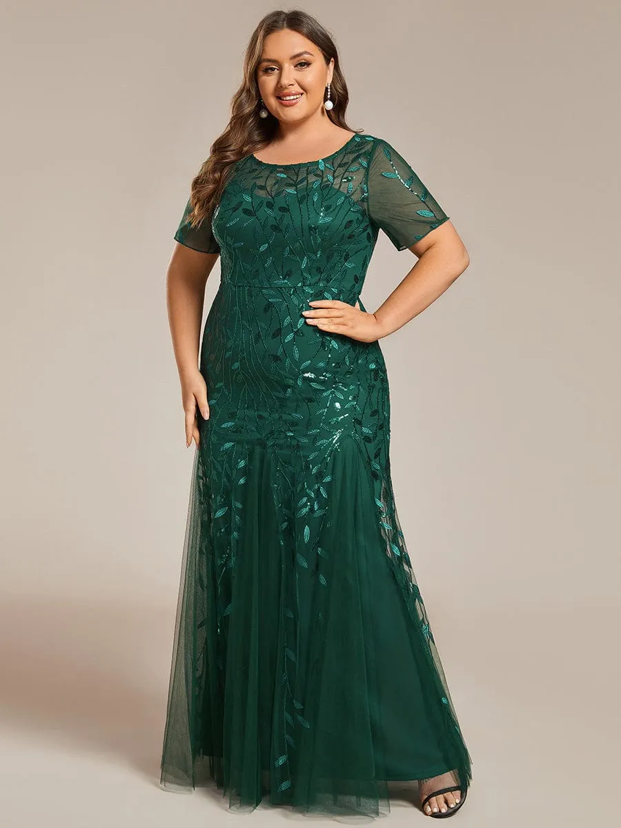 Plus Size Sequin Leaf Long Mermaid Tulle Prom Dress