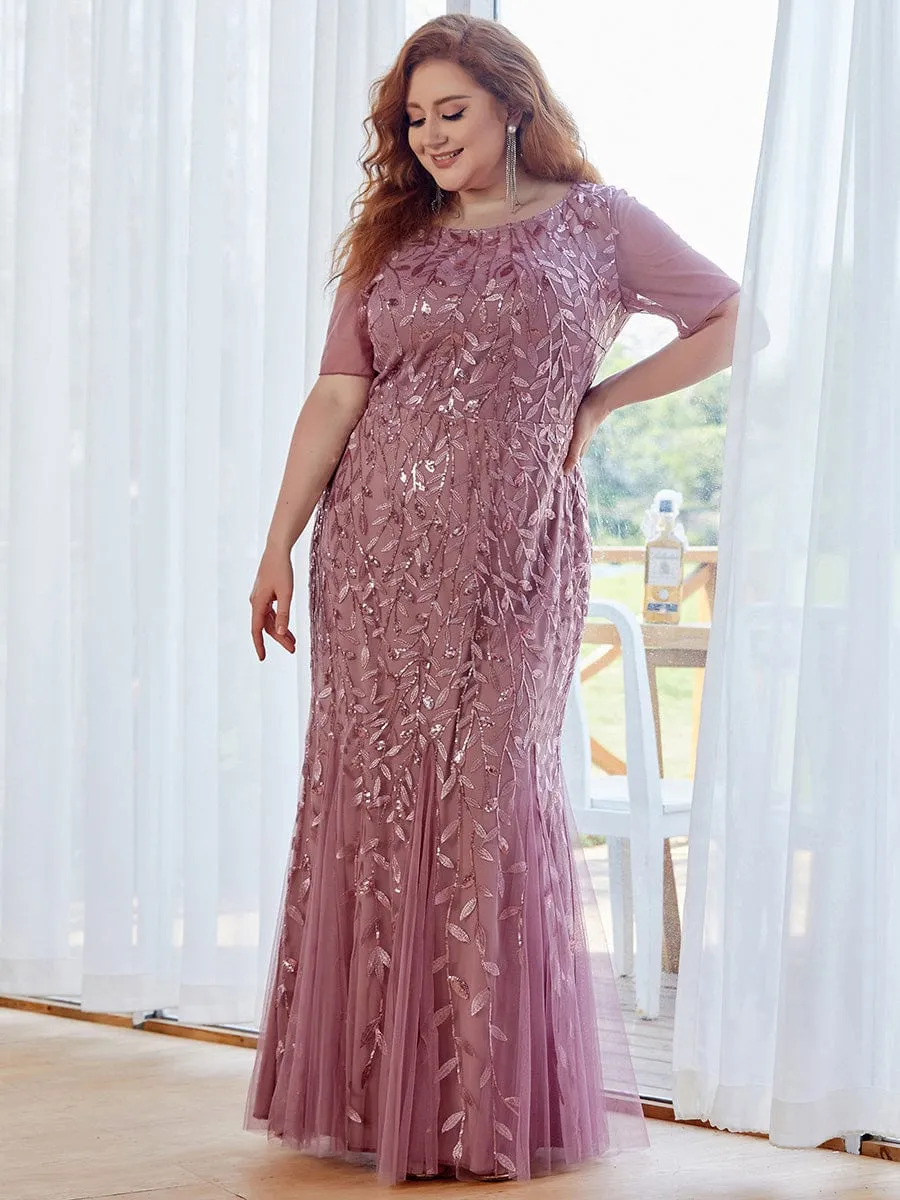 Plus Size Sequin Leaf Long Mermaid Tulle Prom Dress