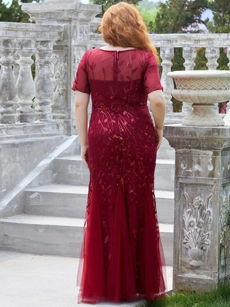 Plus Size Sequin Leaf Long Mermaid Tulle Prom Dress