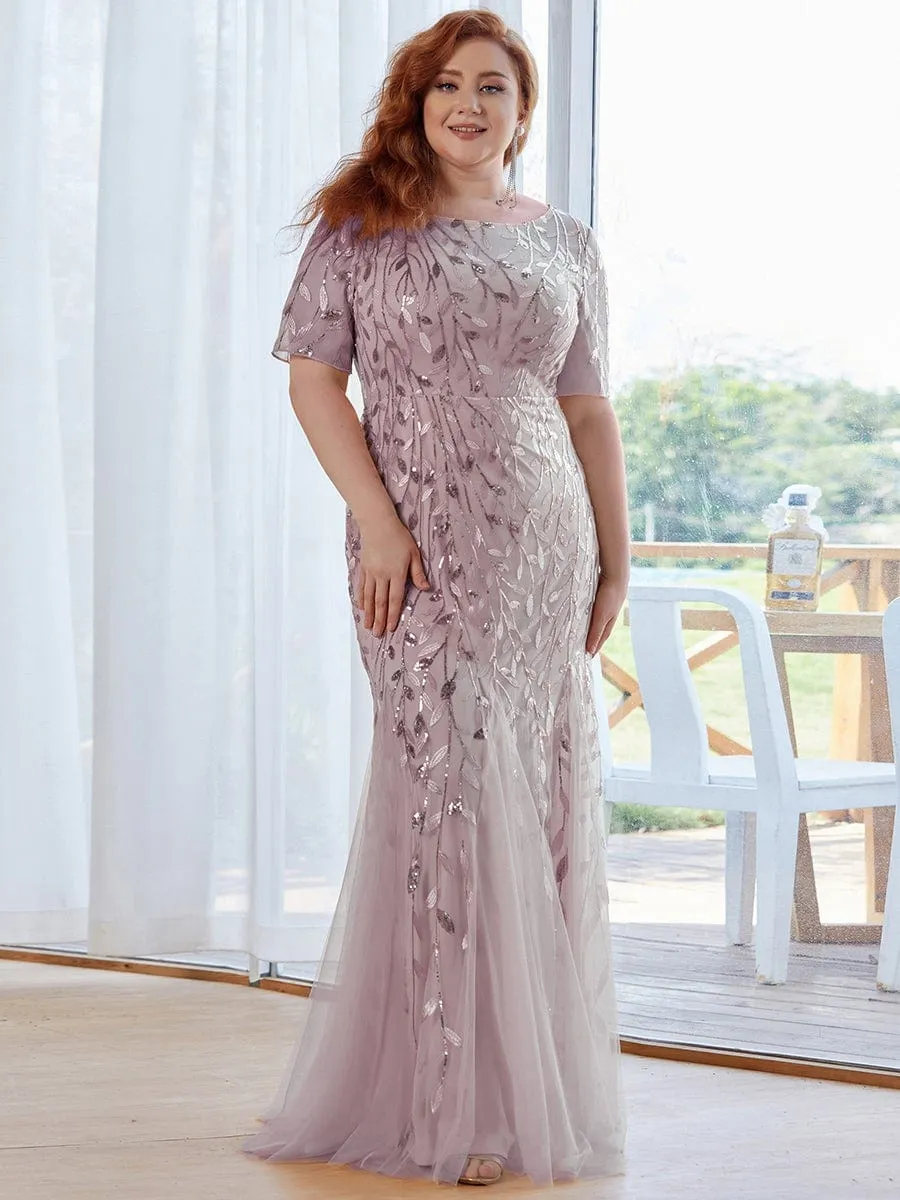 Plus Size Sequin Leaf Long Mermaid Tulle Prom Dress