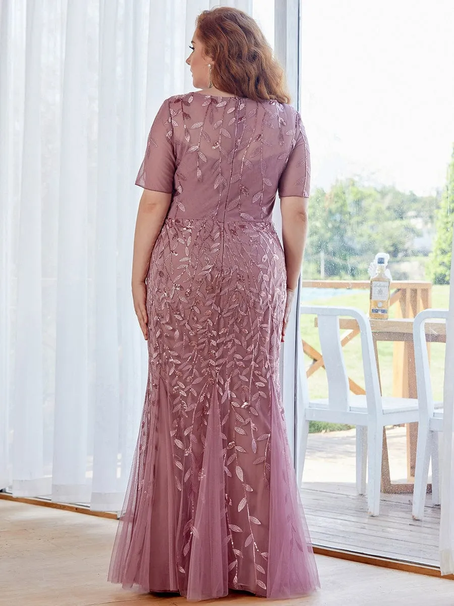 Plus Size Sequin Leaf Long Mermaid Tulle Prom Dress
