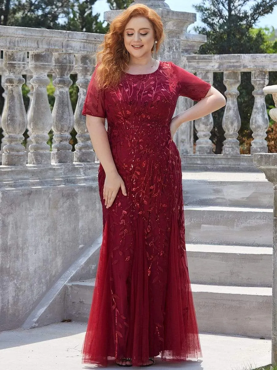Plus Size Sequin Leaf Long Mermaid Tulle Prom Dress