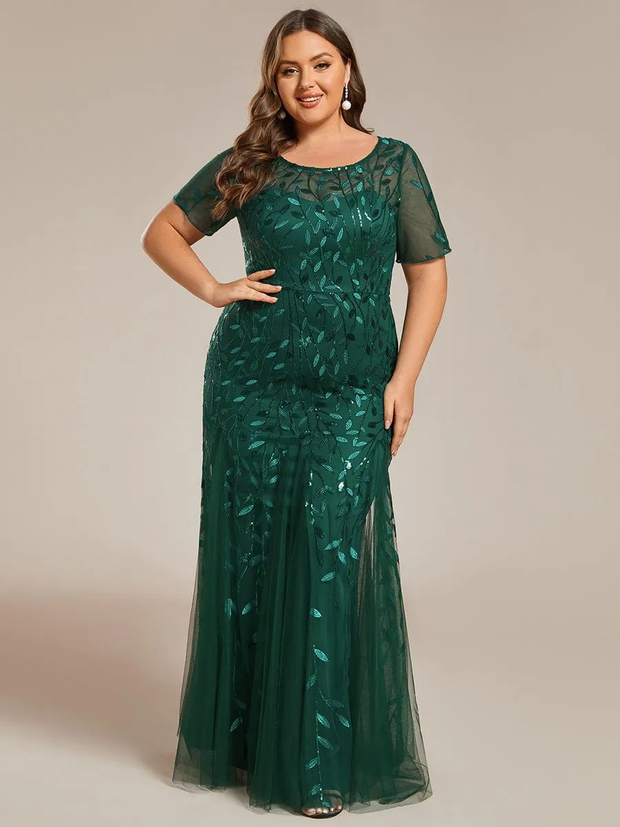 Plus Size Sequin Leaf Long Mermaid Tulle Prom Dress