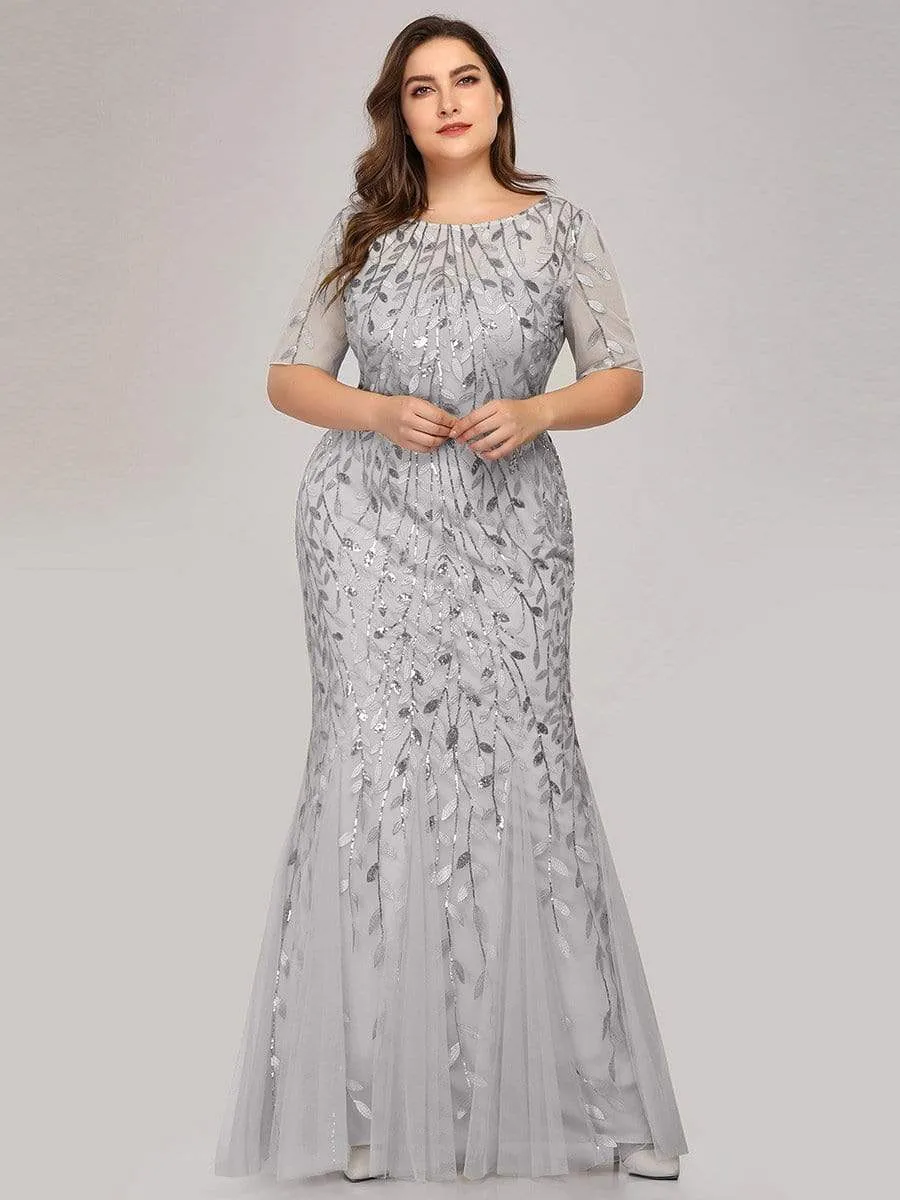 Plus Size Sequin Leaf Long Mermaid Tulle Prom Dress