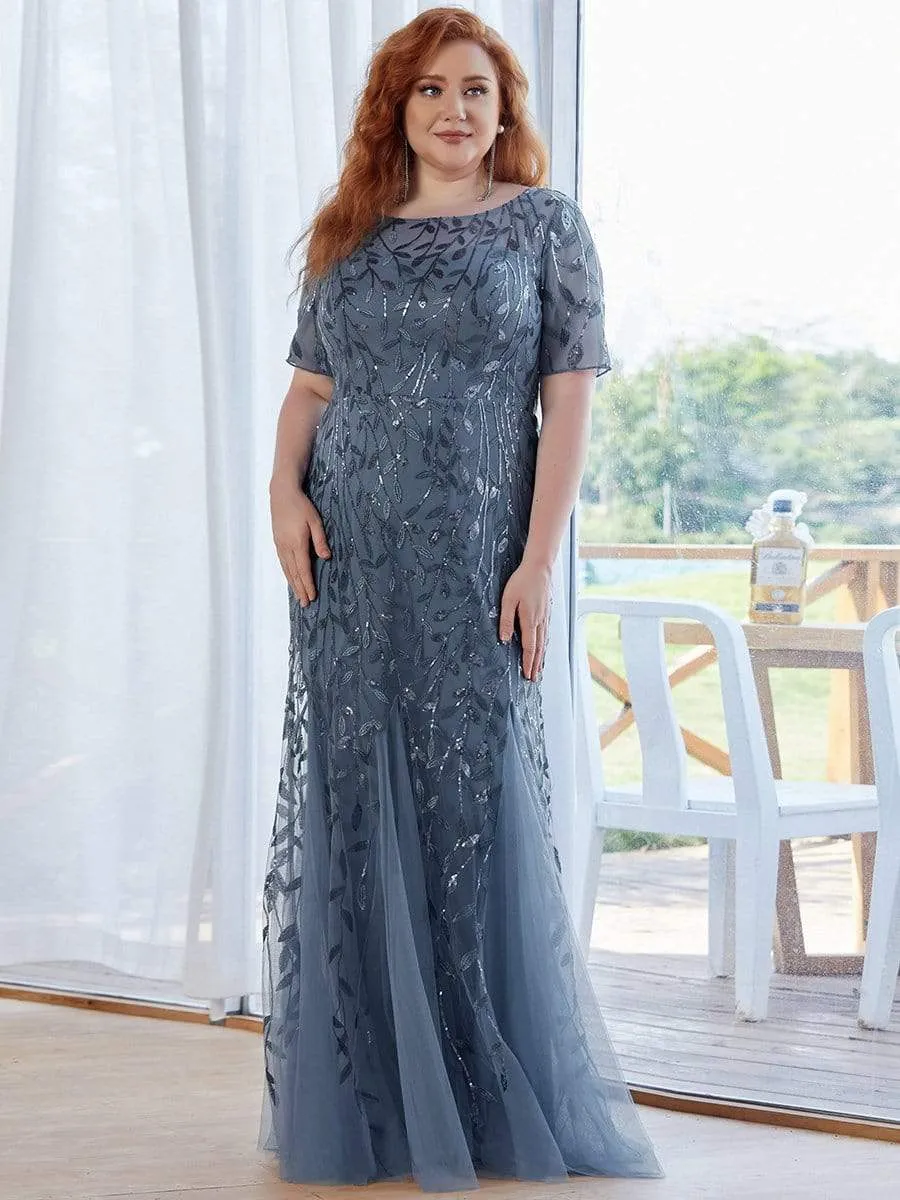 Plus Size Sequin Leaf Long Mermaid Tulle Prom Dress