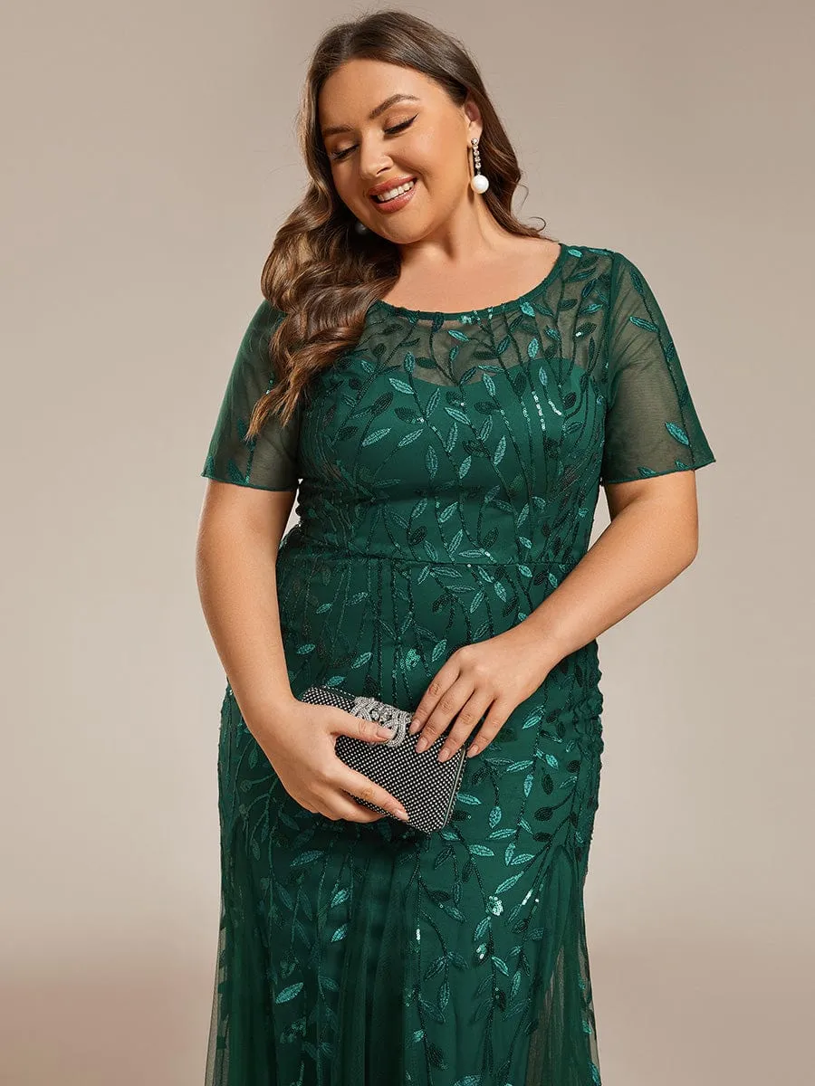 Plus Size Sequin Leaf Long Mermaid Tulle Prom Dress