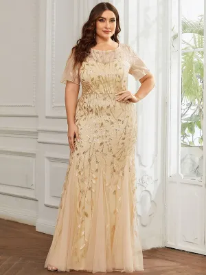 Plus Size Sequin Leaf Long Mermaid Tulle Prom Dress