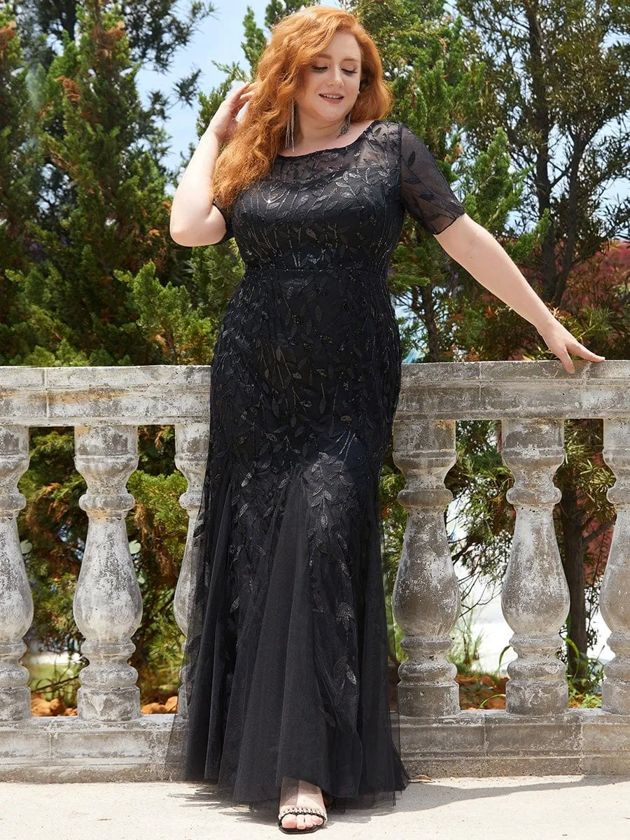 Plus Size Sequin Leaf Long Mermaid Tulle Prom Dress