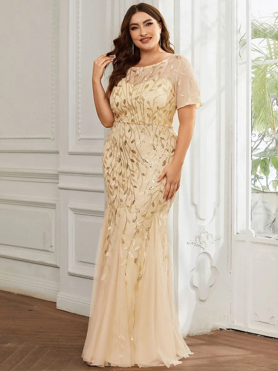 Plus Size Sequin Leaf Long Mermaid Tulle Prom Dress