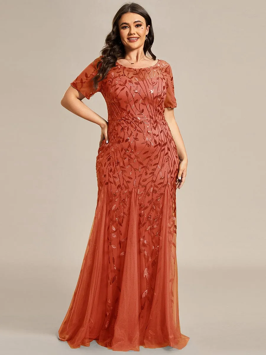 Plus Size Sequin Leaf Long Mermaid Tulle Prom Dress