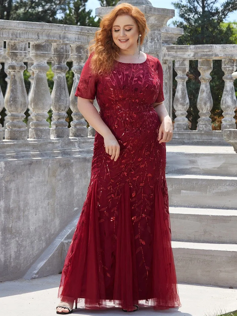 Plus Size Sequin Leaf Long Mermaid Tulle Prom Dress