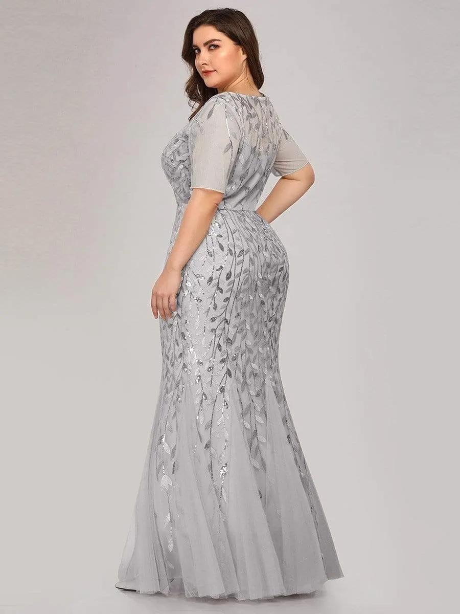 Plus Size Sequin Leaf Long Mermaid Tulle Prom Dress
