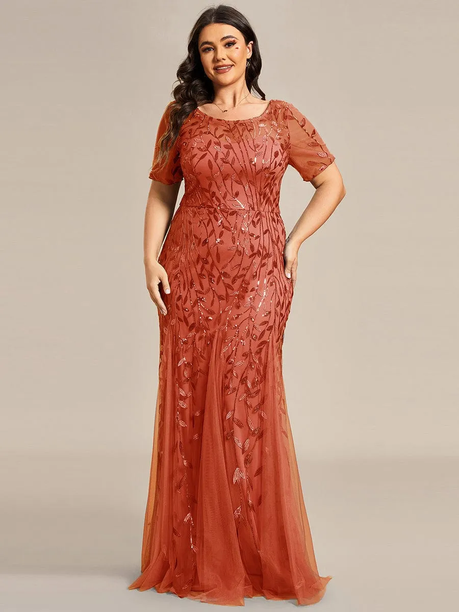 Plus Size Sequin Leaf Long Mermaid Tulle Prom Dress