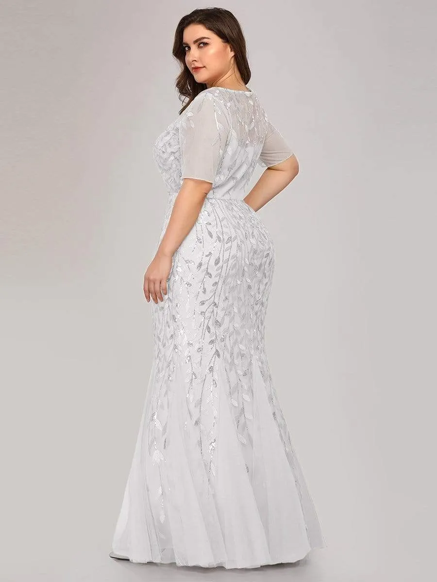 Plus Size Sequin Leaf Long Mermaid Tulle Prom Dress