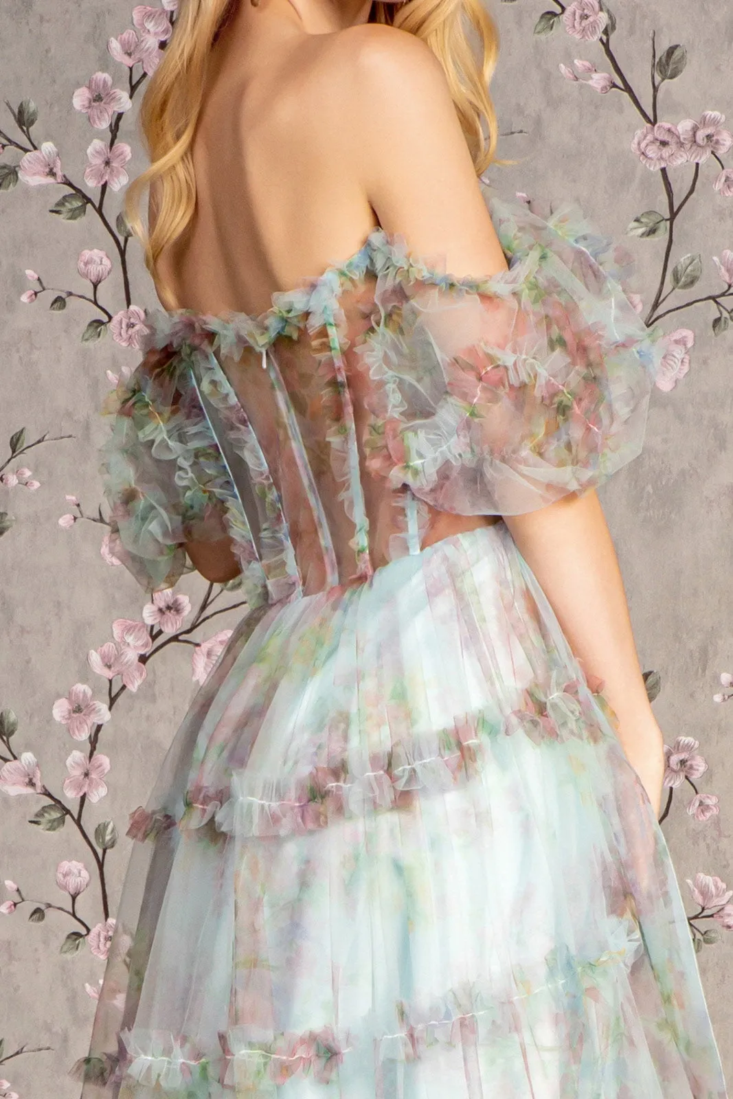 Print Off Shoulder Ruffled A-line Gown by GLS Gloria GL3394