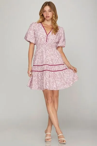 Printed V-Neck Puff Sleeve Tiered Dress