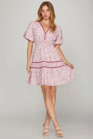 Printed V-Neck Puff Sleeve Tiered Dress