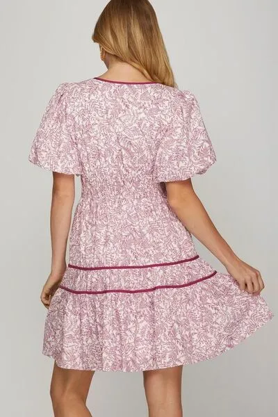 Printed V-Neck Puff Sleeve Tiered Dress