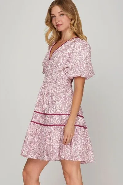 Printed V-Neck Puff Sleeve Tiered Dress