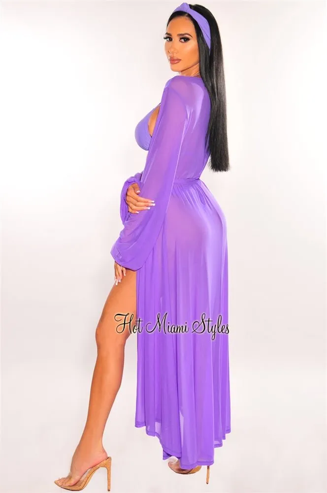 Purple Mesh Long Sleeves Belted Maxi Cover Up