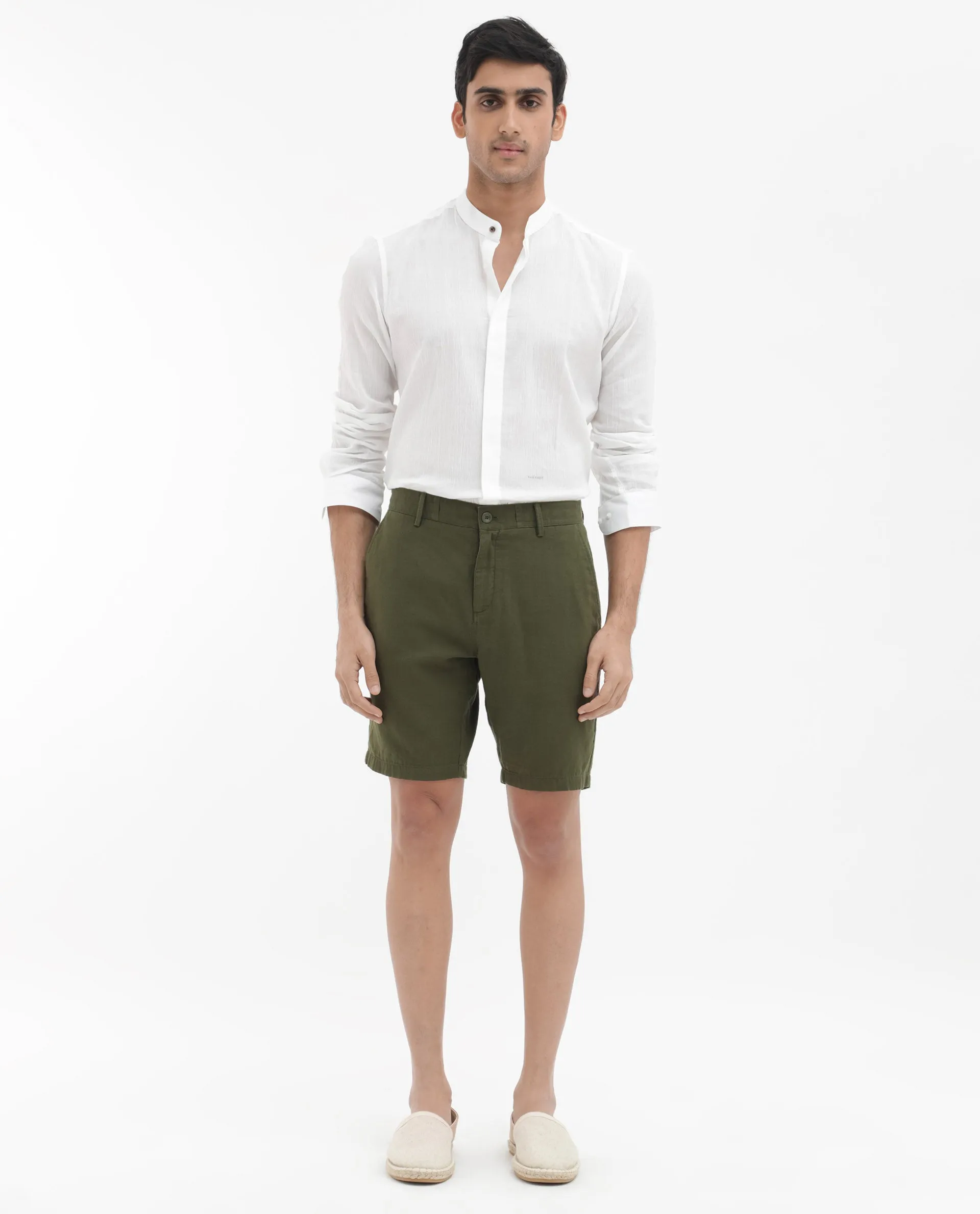 Rare Rabbit Men's Pinto Olive Cotton Fabric Knee Length Solid Shorts