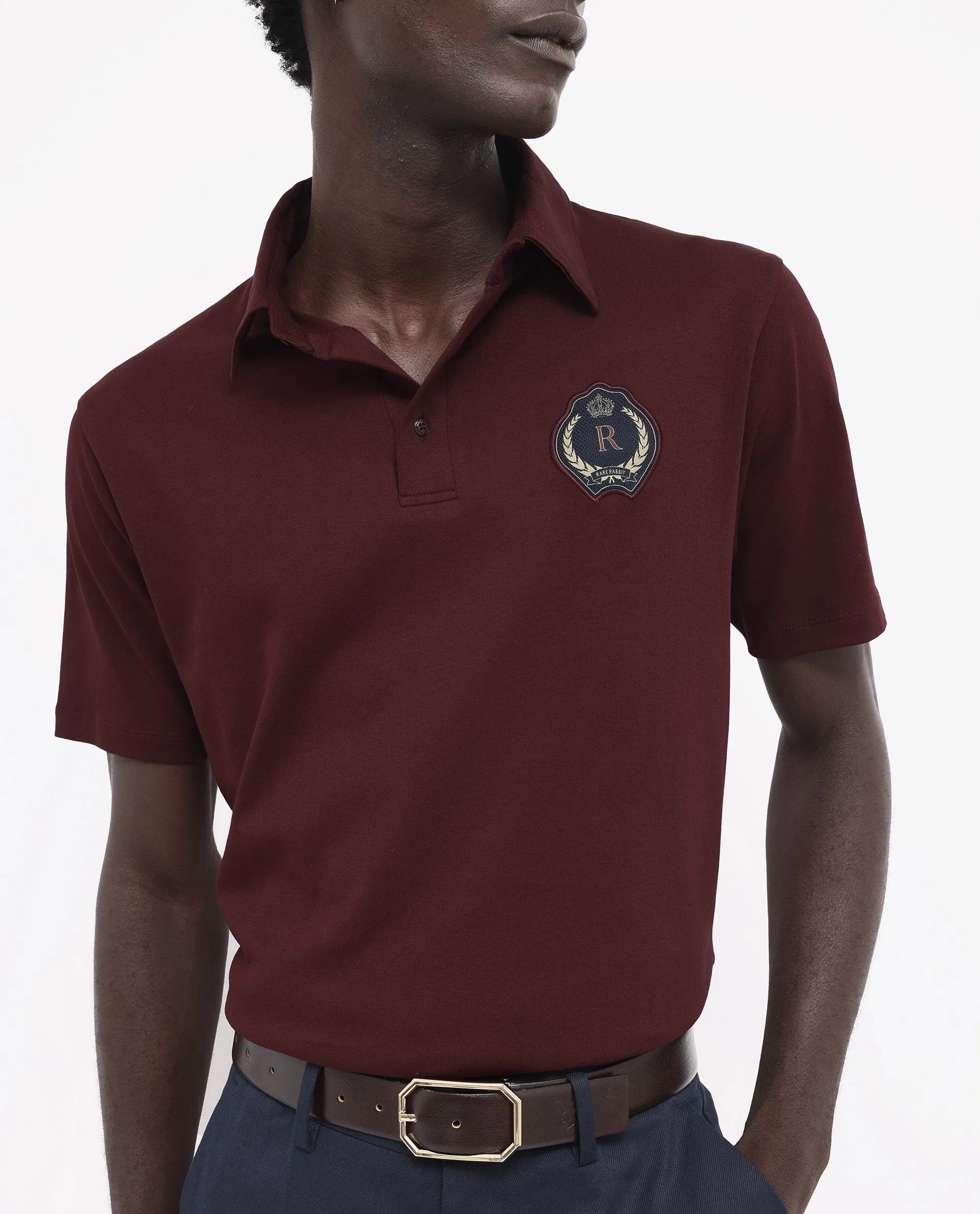 Rare Rabbit Men's Ritz Brown Cotton Fabric Short Sleeve Regular Fit Solid Polo T-Shirt