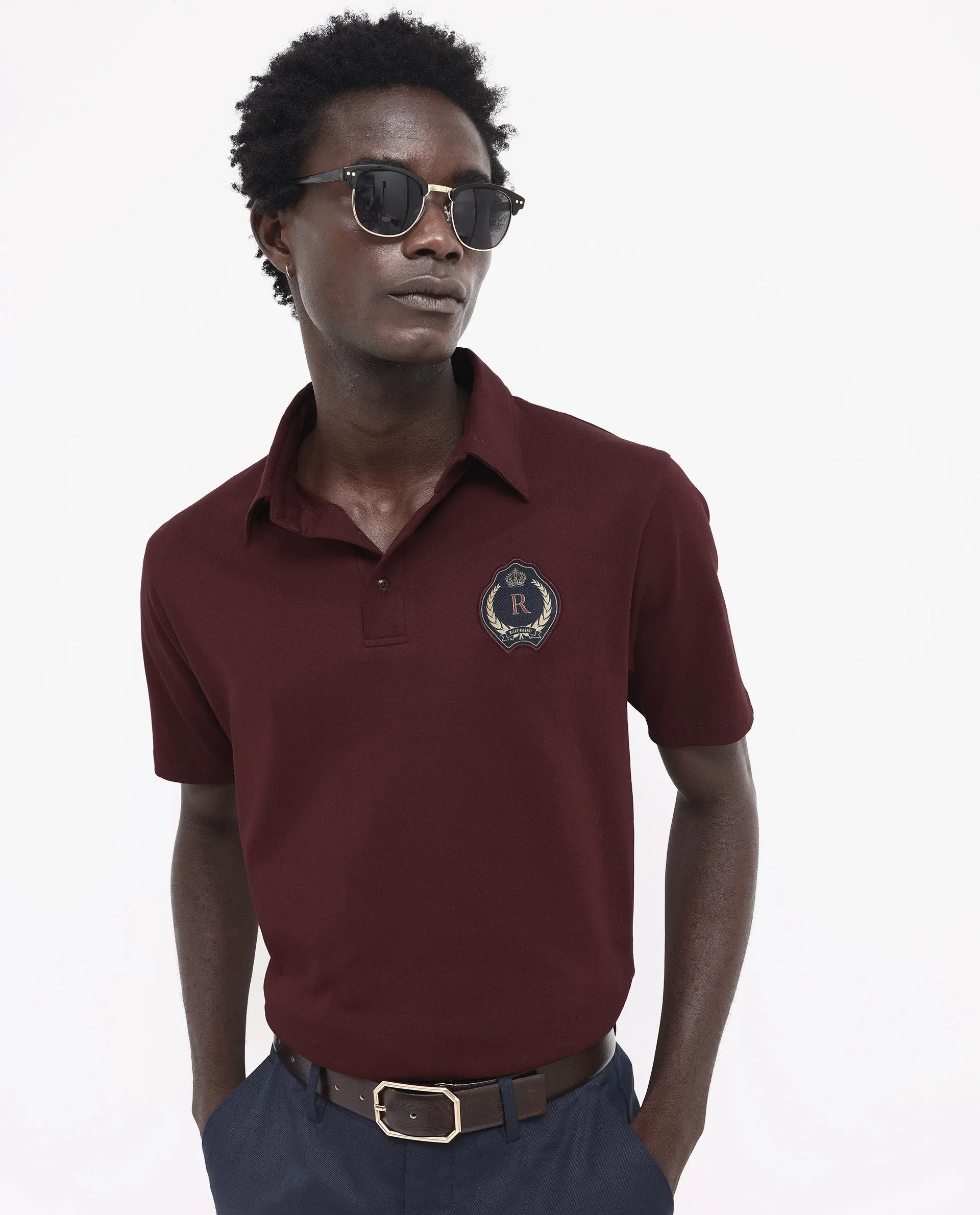 Rare Rabbit Men's Ritz Brown Cotton Fabric Short Sleeve Regular Fit Solid Polo T-Shirt